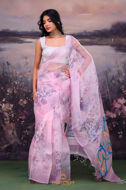 Pale Purple Jamdani Print Handloom Kora Cotton Saree