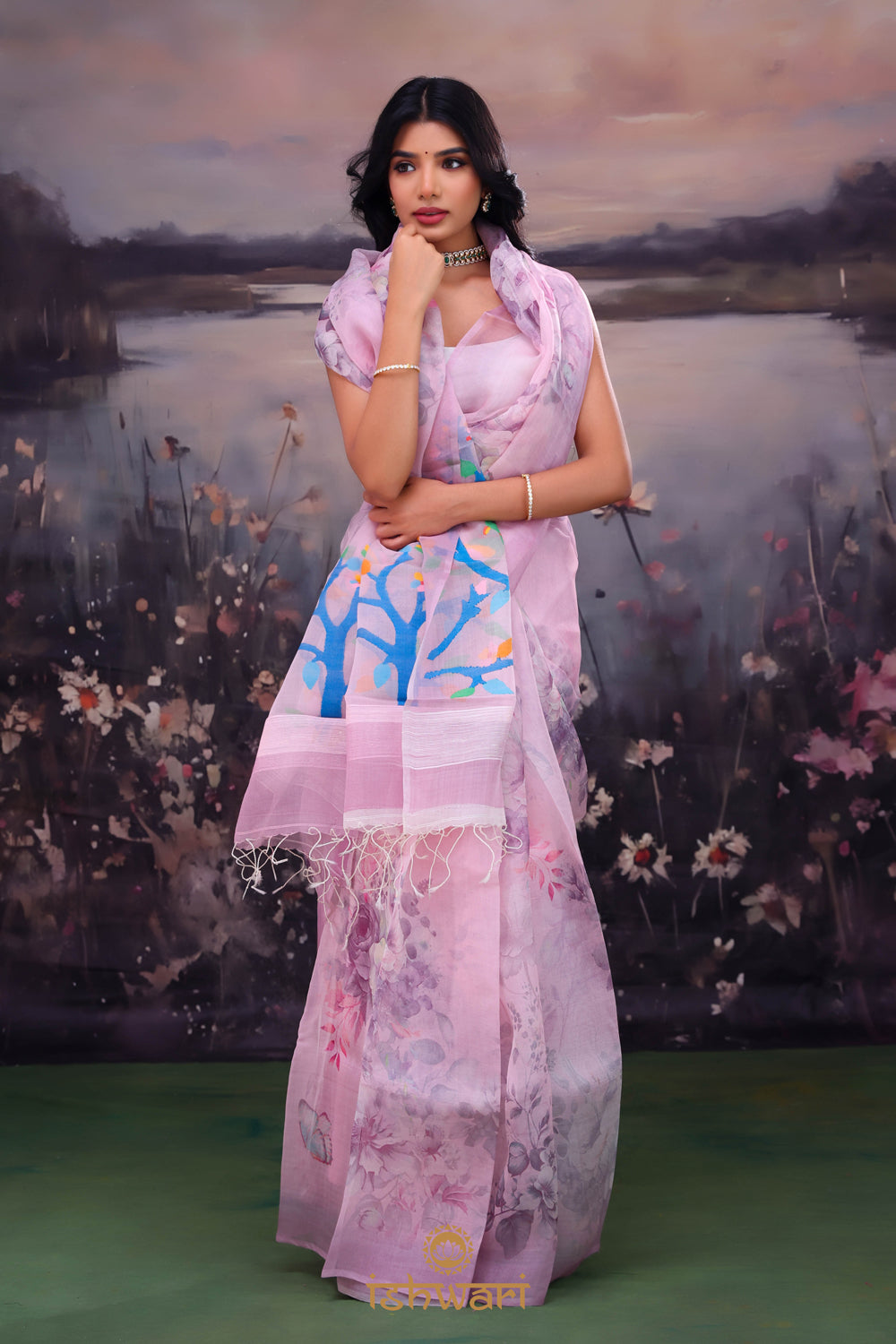 Pale Purple Jamdani Print Handloom Kora Cotton Saree