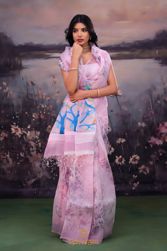 Pale Purple Jamdani Print Handloom Kora Cotton Saree