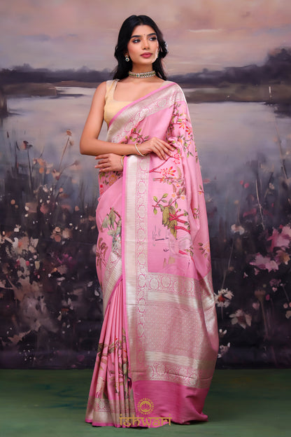 Carnation Pink Floral Print Banarasi Tussar Saree