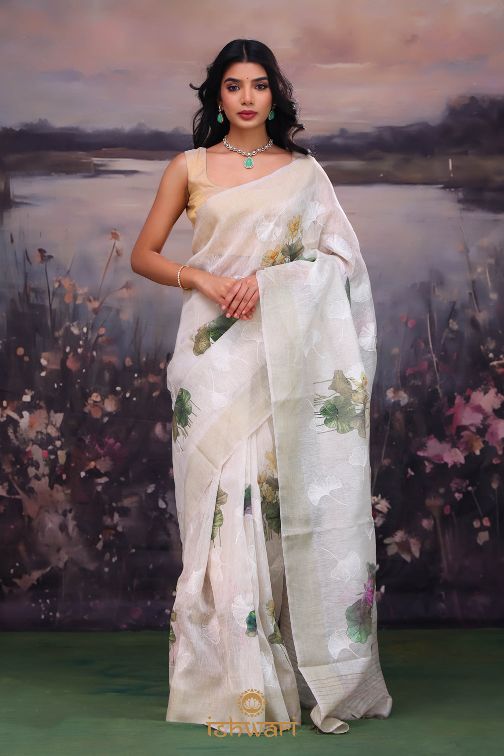 Dull White Digital Print Handloom Linen Saree