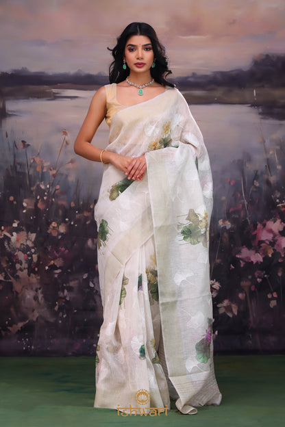 Dull White Digital Print Handloom Linen Saree