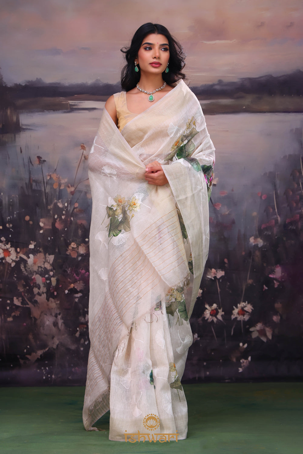 Dull White Digital Print Handloom Linen Saree
