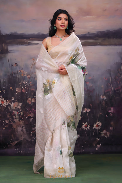 Dull White Digital Print Handloom Linen Saree