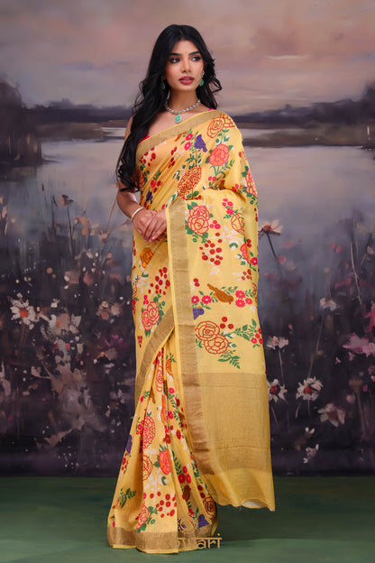 Hunyadi Yellow Printed Handloom Moonga Saree