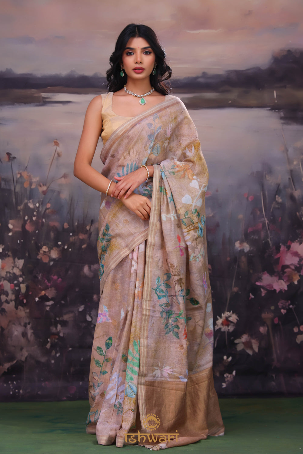 Taupe Brown Printed Handloom Linen Saree
