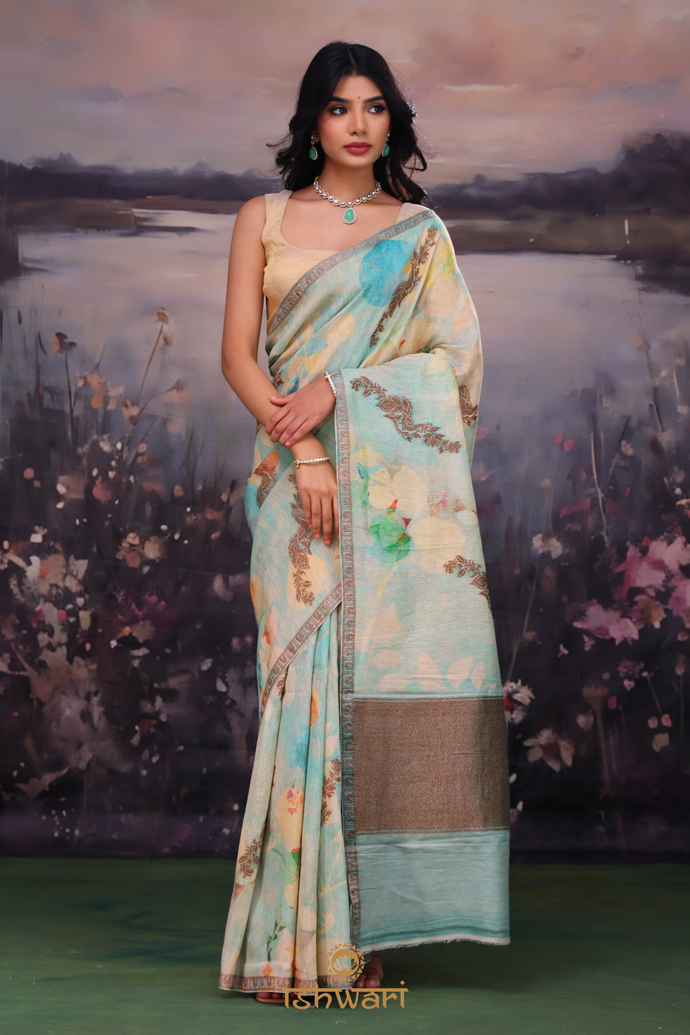 Powder Blue Print Handloom Linen Saree