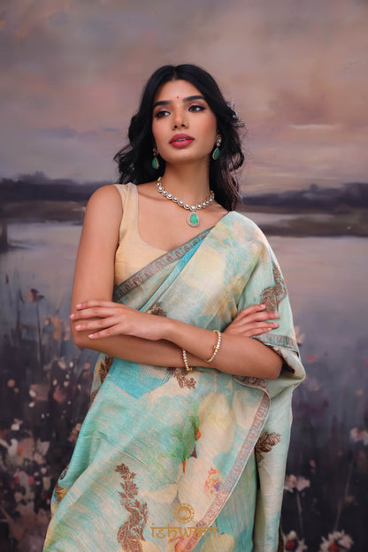 Powder Blue Print Handloom Linen Saree