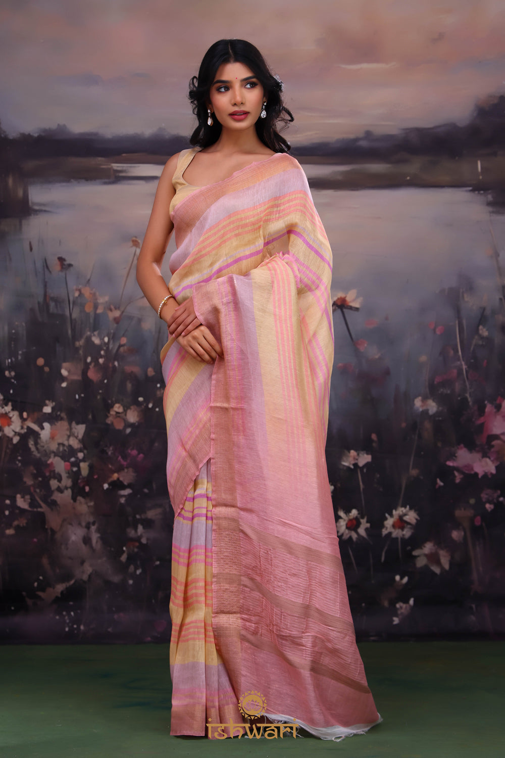 Pastel Pink Stripe Handloom Linen Saree