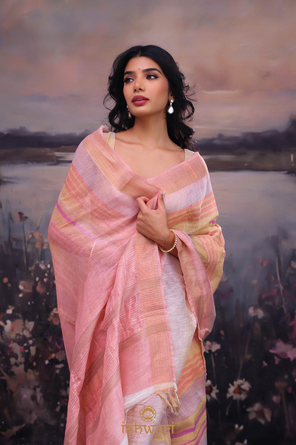 Pastel Pink Stripe Handloom Linen Saree