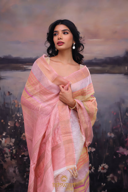 Pastel Pink Stripe Handloom Linen Saree