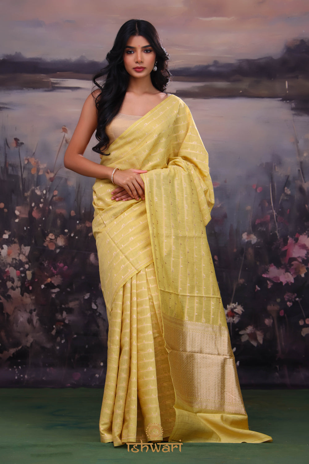 Laguna Yellow Bird Stripe Handloom Tussar Saree