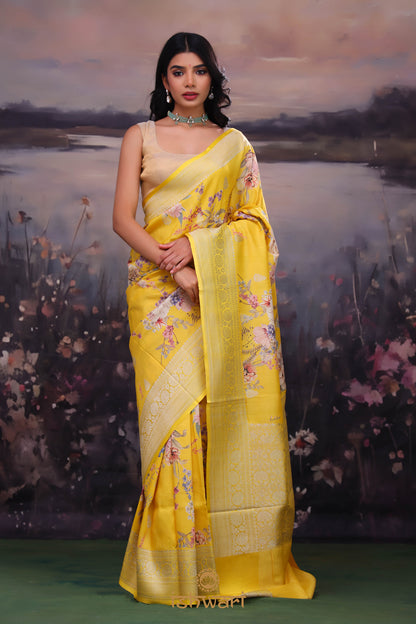 Canary Yellow Floral Print Silk Saree with Banarasi Border