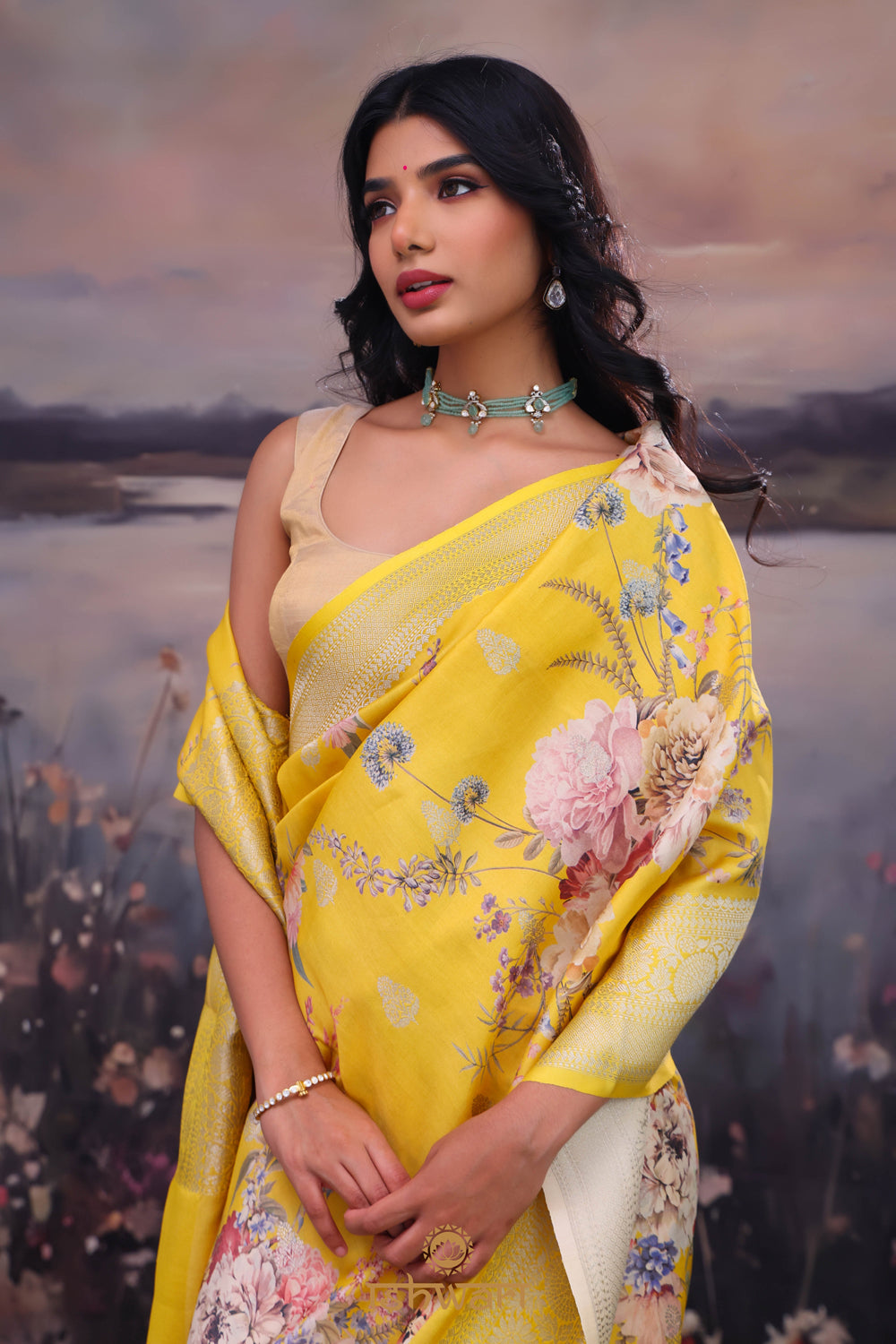 Canary Yellow Floral Print Silk Saree with Banarasi Border