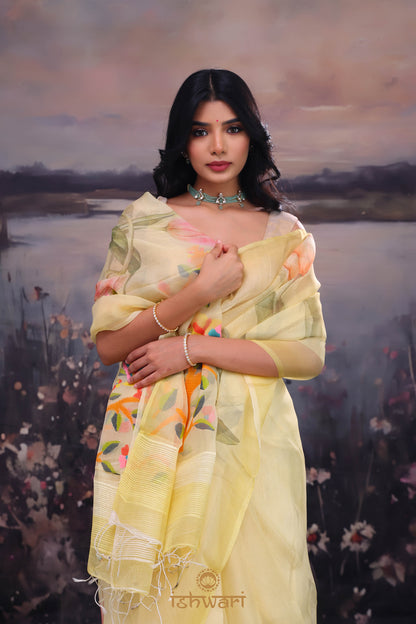 Pale Yellow Jamdani Print Handloom Kora Cotton Saree