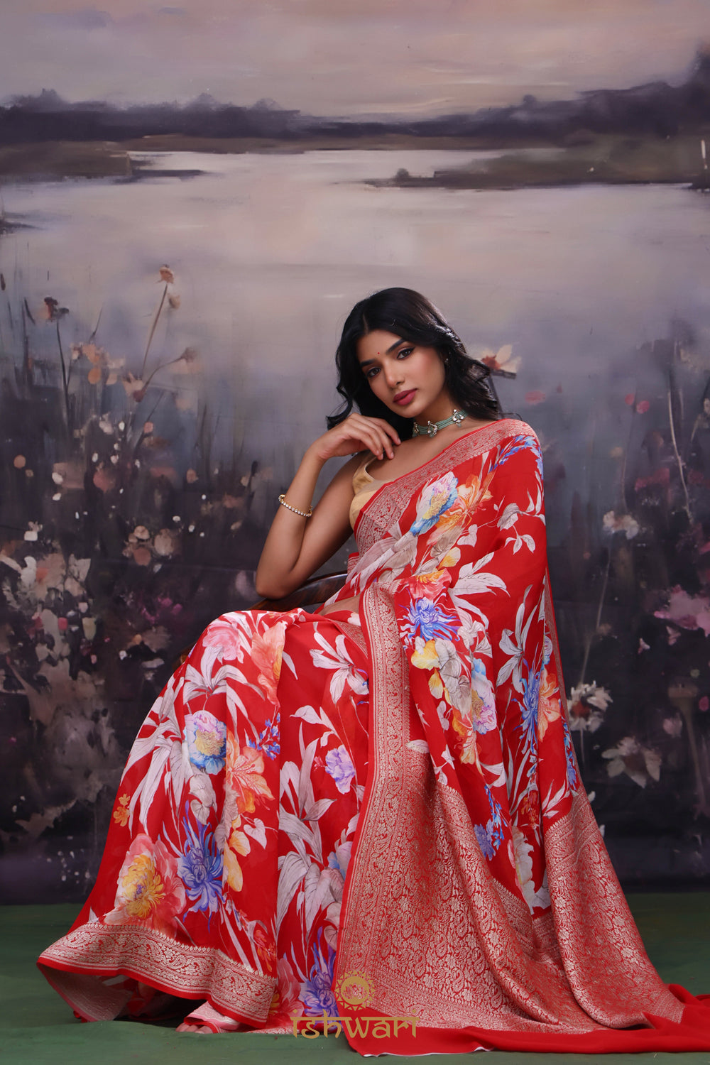 Raspberry Red Printed Georgette Banarasi Saree