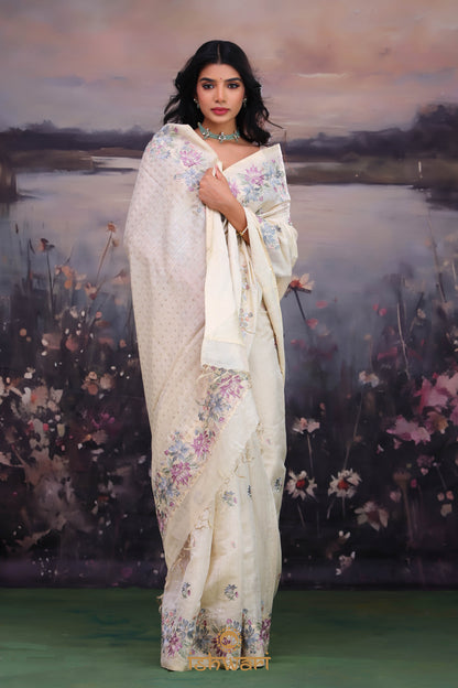 Cream White Embroidery Tissue Linen Saree