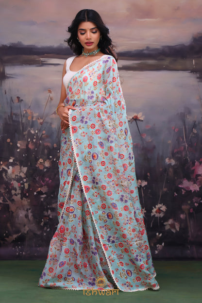 Sky Blue Floral Glass Organza with Chikankari Blouse
