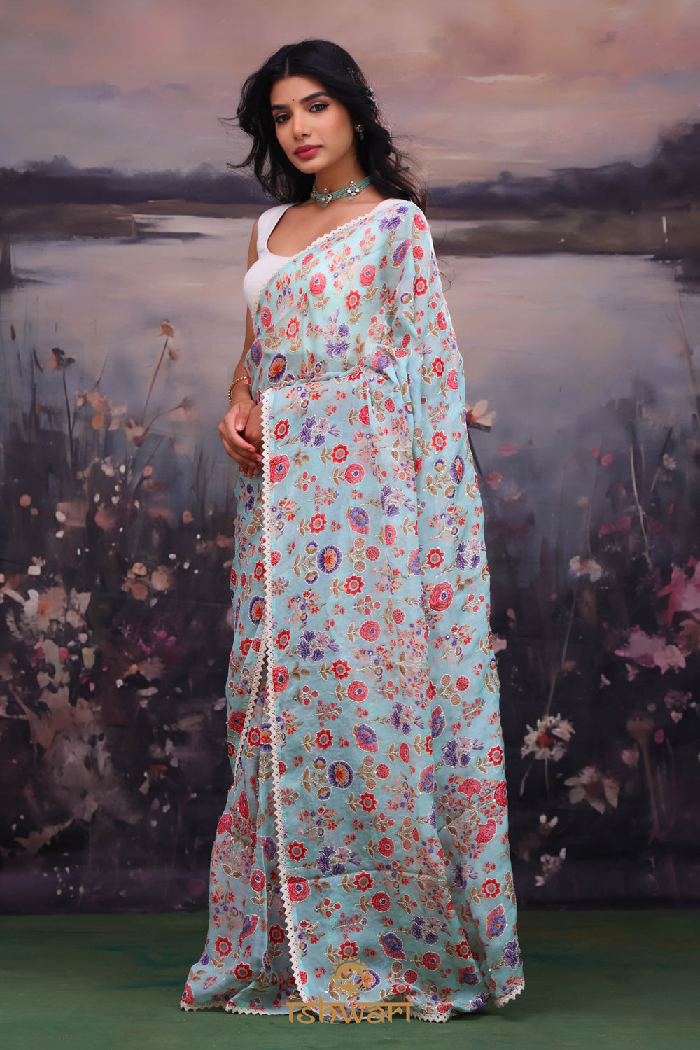 Sky Blue Floral Glass Organza with Chikankari Blouse