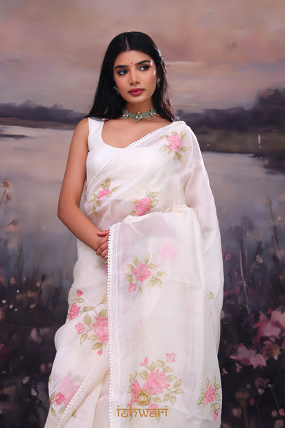 Ivory White Handpainted Organza Saree