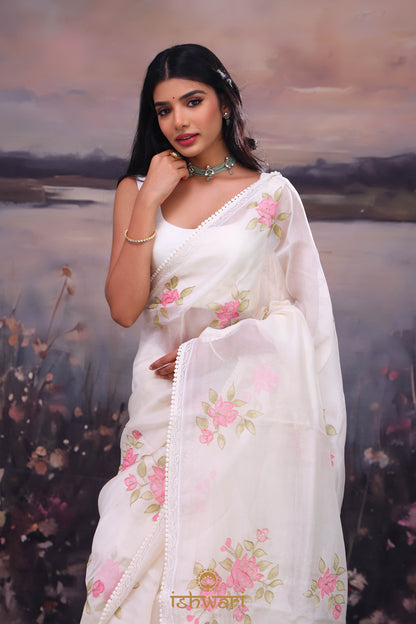 Ivory White Handpainted Organza Saree