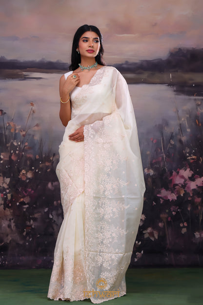 Off-White Embroidery Organza Saree