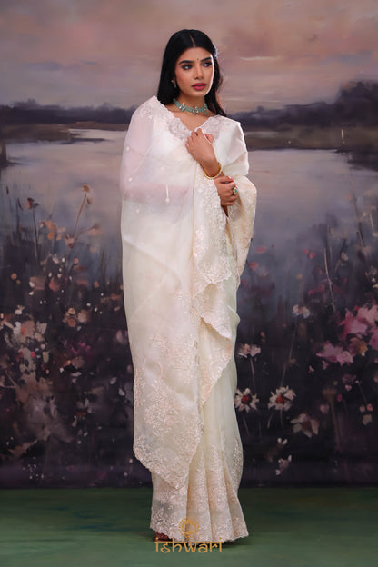 Off-White Embroidery Organza Saree