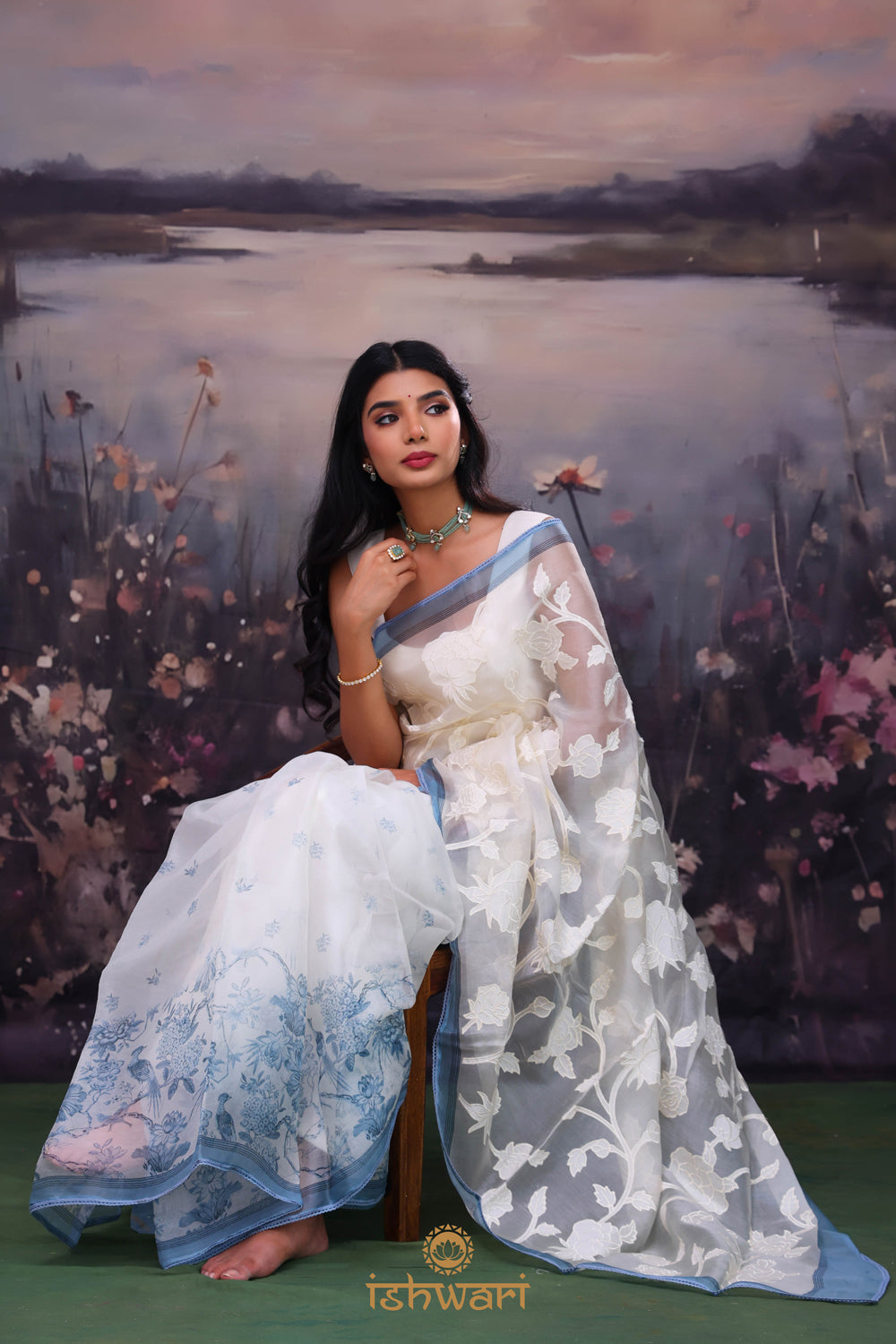 Cream-Blue Printed Applique Organza Saree