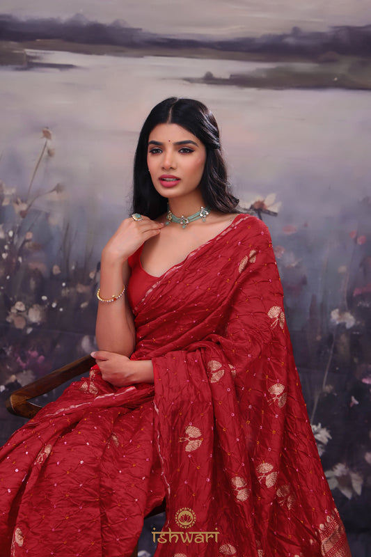 Deep Red Bandhej Saree with Ikkat Blouse