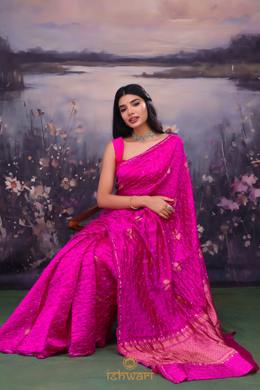 Deep Pink Bandhej Saree with Ikkat Blouse