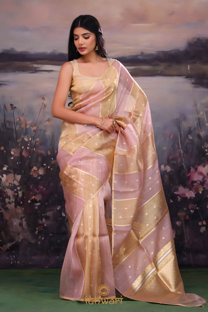 Pink Gold Vertical Striped Organza Tissue Saree