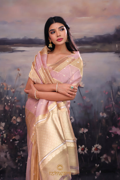 Pink Gold Vertical Striped Organza Tissue Saree