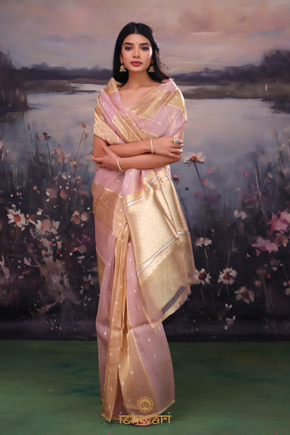 Pink Gold Vertical Striped Organza Tissue Saree
