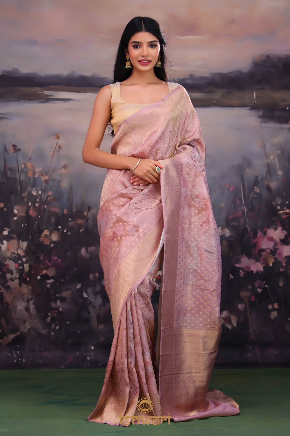 Turkish Pink Floral Banarasi Tissue Saree