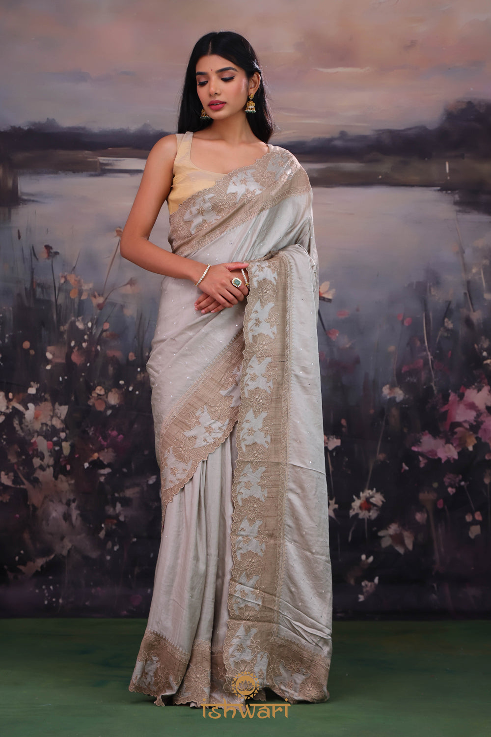 Juniper Green Mirror Satin Applique Tussar Saree