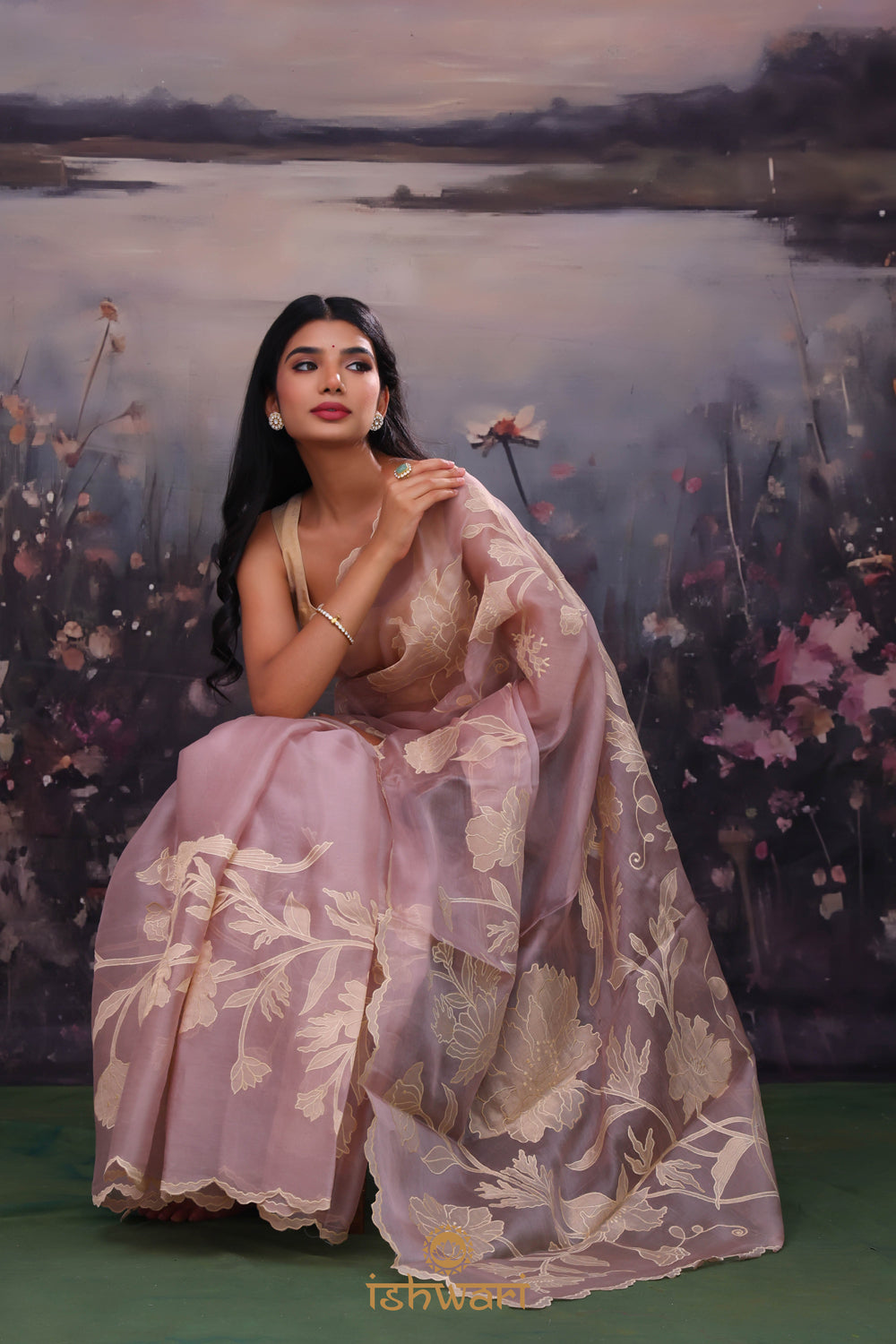 Thistle Purple Applique Organza Saree with Scallop Border