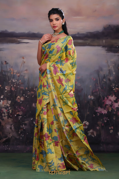 Greenish Yellow Handloom Kalamkari Saree