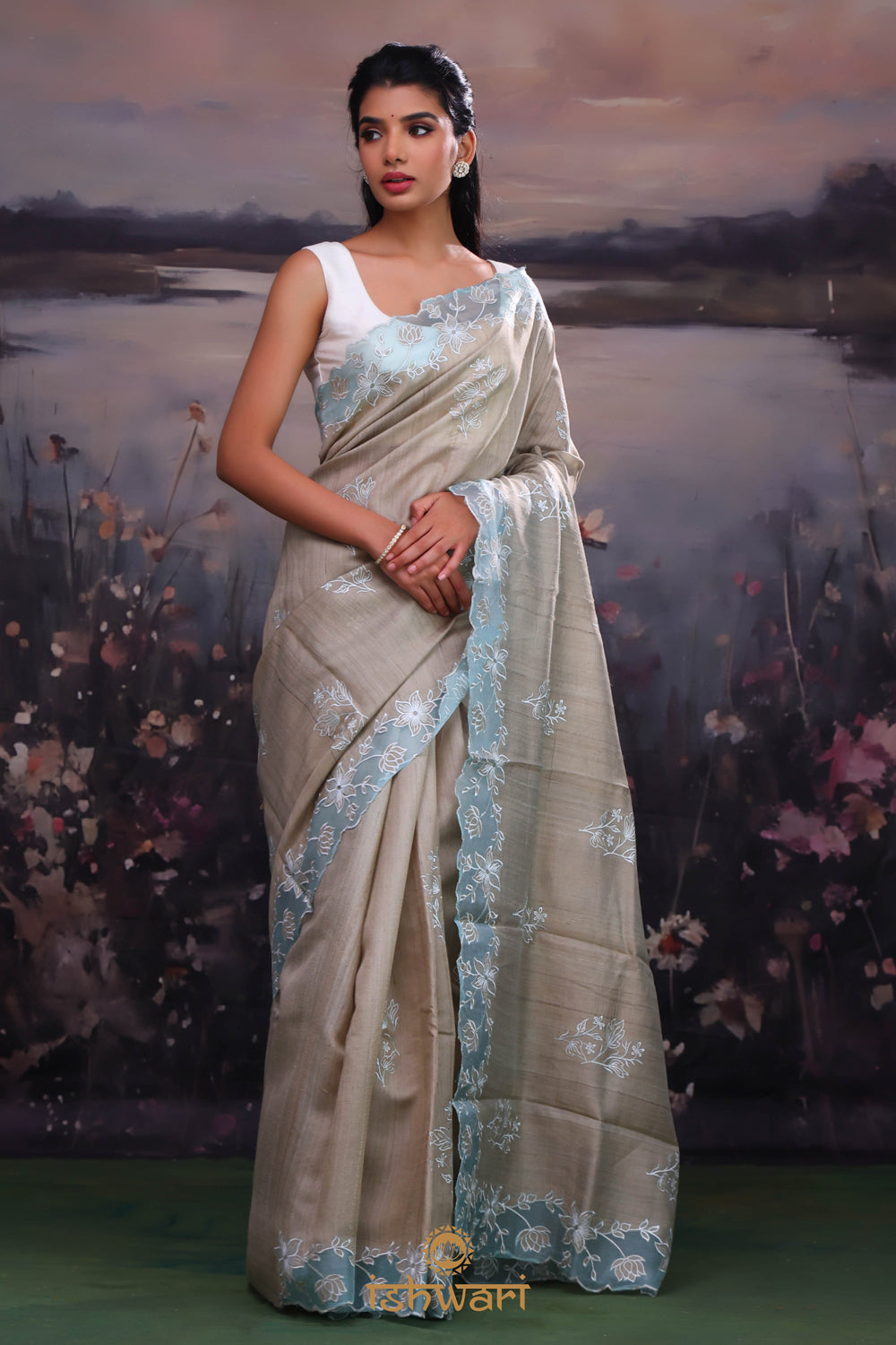 Dark Grey Applique Tussar Saree