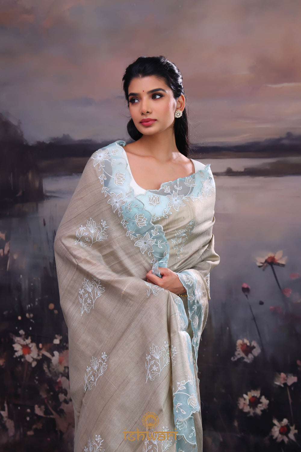 Dark Grey Applique Tussar Saree