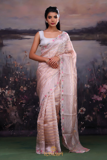 Gold Pink Striped Tissue Saree with Embroidered Border