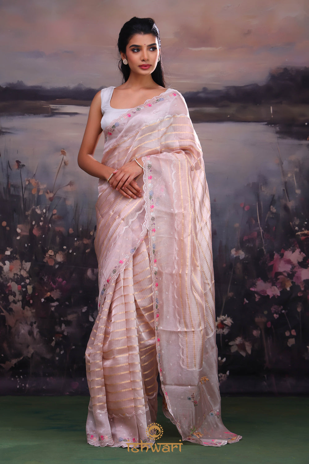 Gold Pink Striped Tissue Saree with Embroidered Border