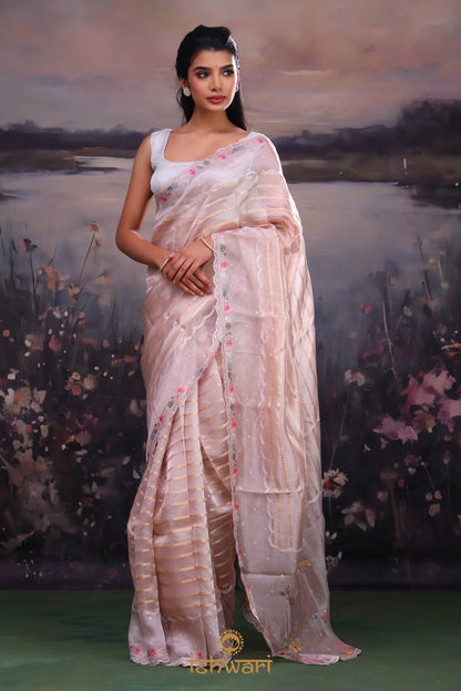Gold Pink Striped Tissue Saree with Embroidered Border