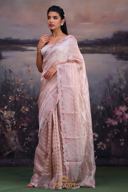 Gold Pink Striped Tissue Saree with Embroidered Border