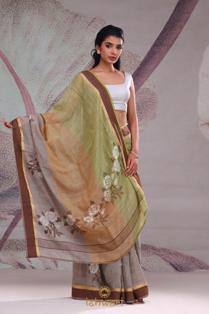 Brown Multicolour Linen Jamdani Saree
