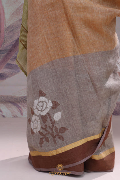 Brown Multicolour Linen Jamdani Saree