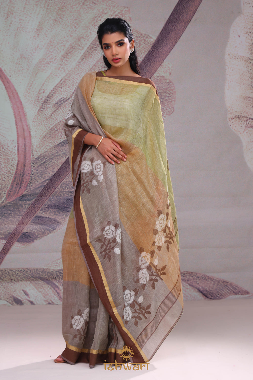Brown Multicolour Linen Jamdani Saree
