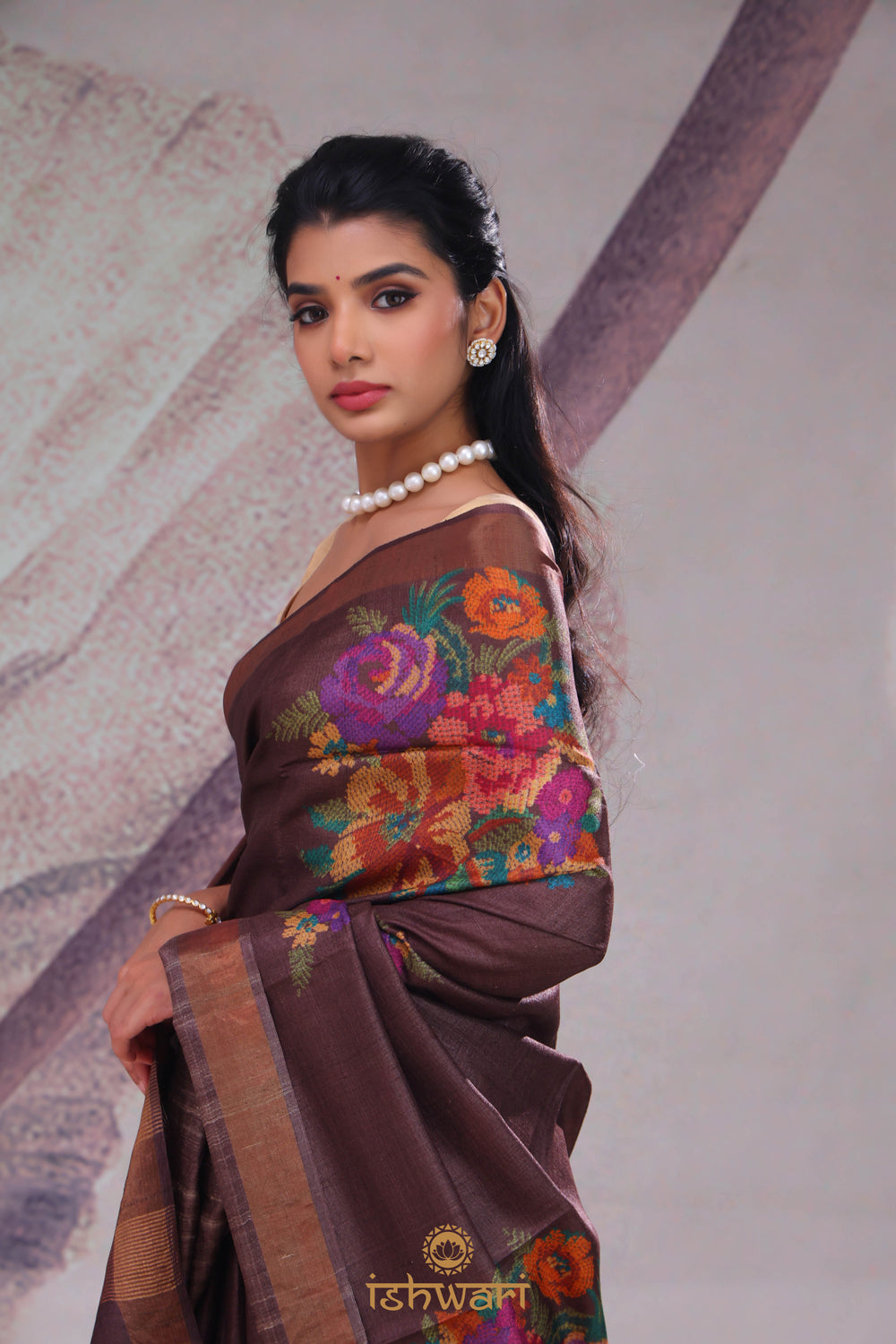 Deep Brown Floral Printed Tussar Saree