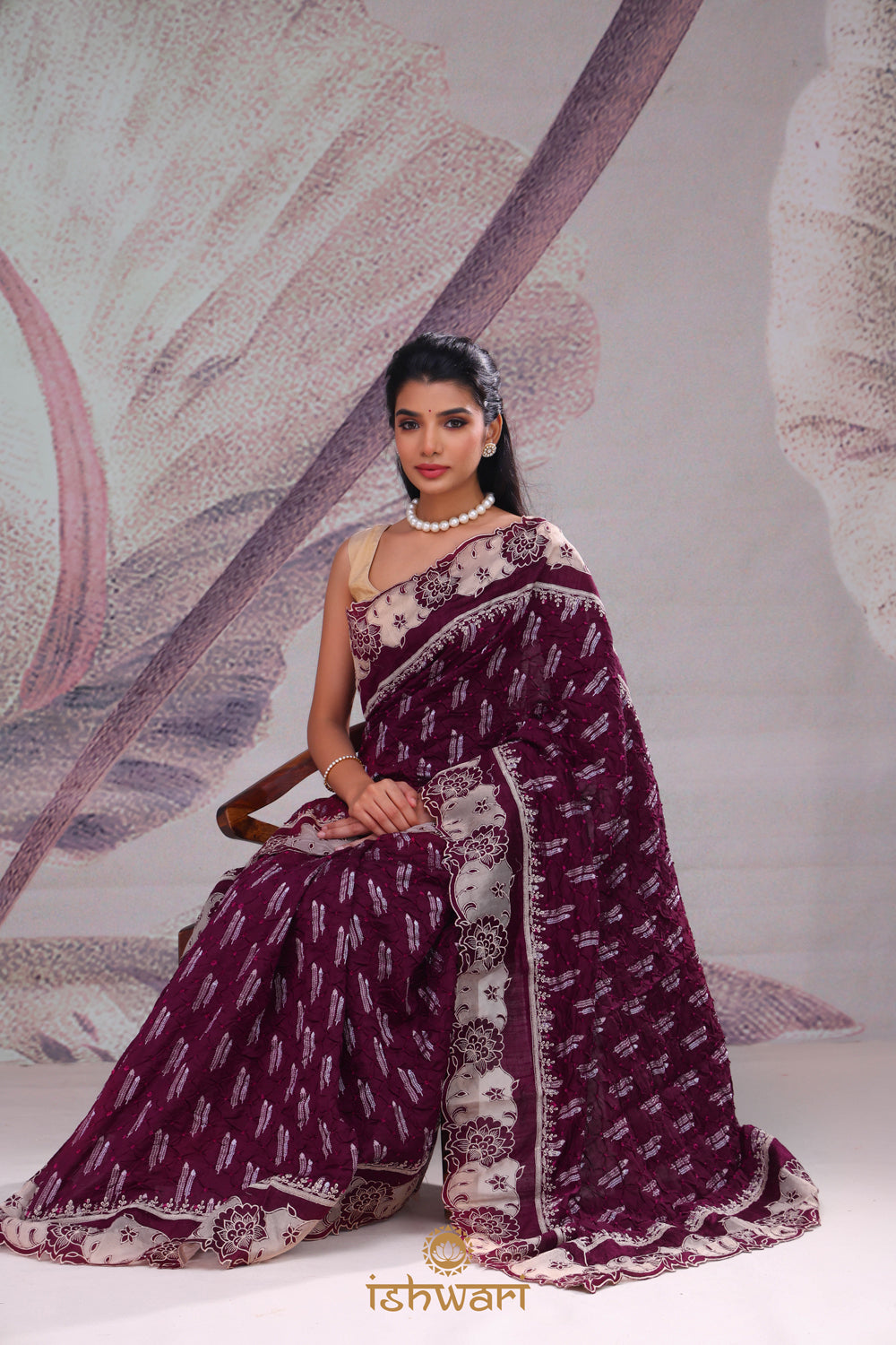 Wine Purple Bandhej Saree with Applique Border