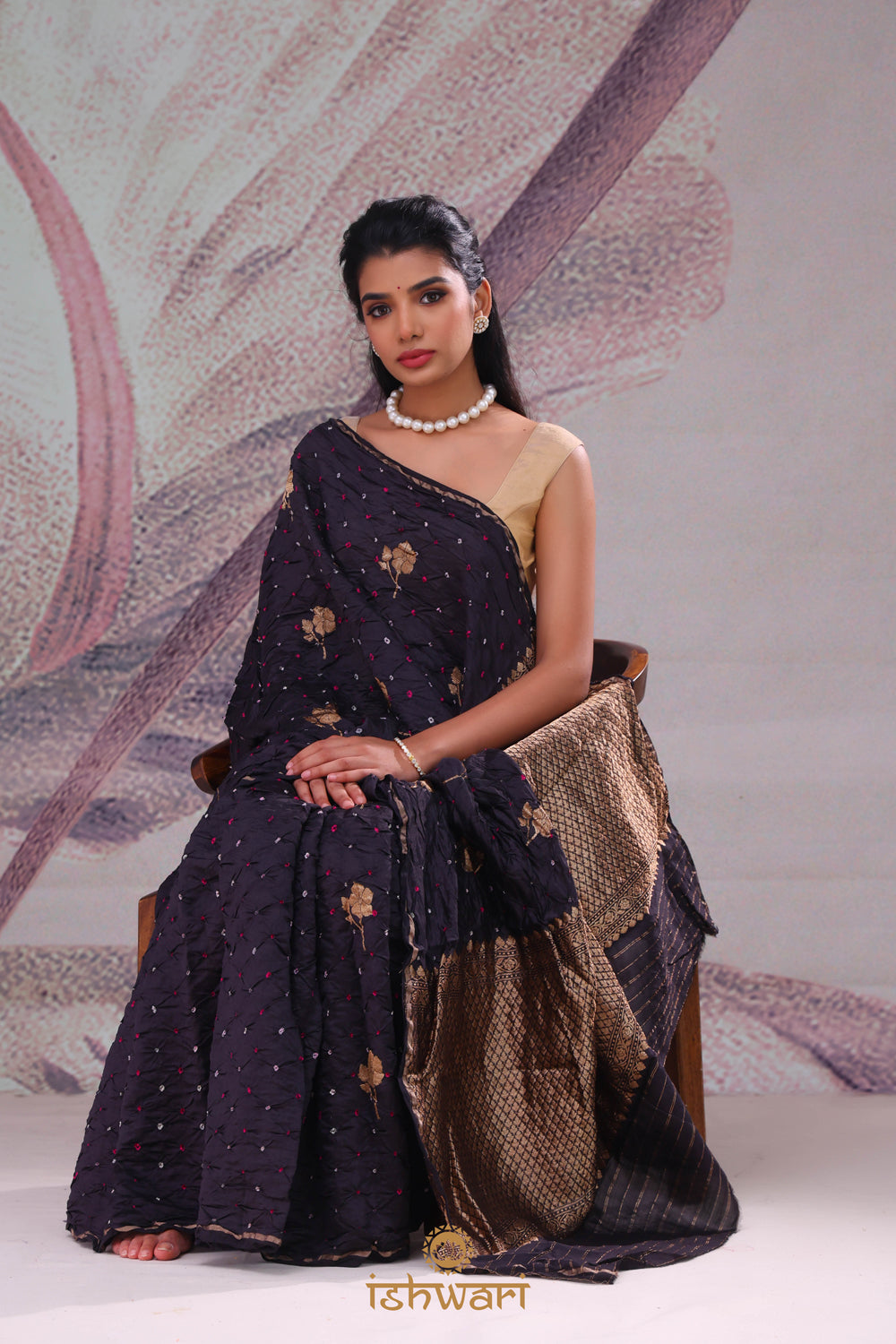 Midnight Black Bandhej Saree with Ikkat Blouse