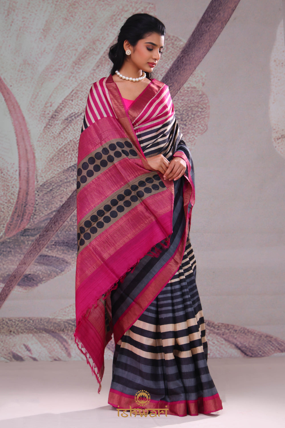 Pink Blue Multi-striped Handloom Tussar Saree